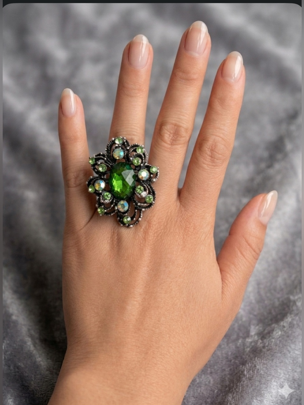 Antique Silver Green Crystal Filigree Floral Statement Ring - Adjustable